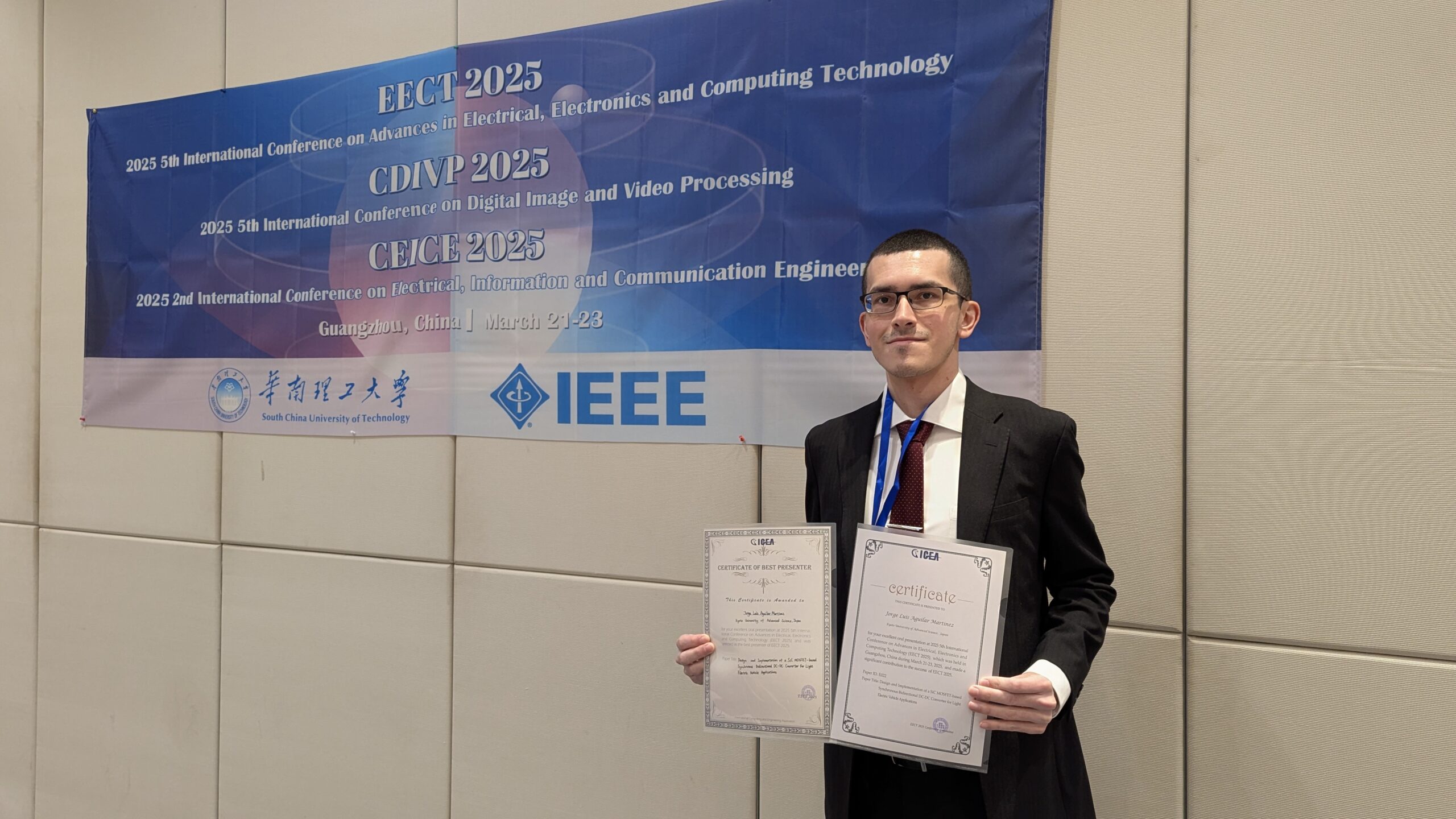 Jorge Luis Aguilar Martinez, KUAS Master's student, recipient of the Best Presenter Award at EECT 2025